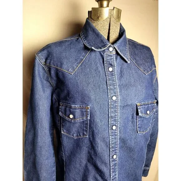 Levi's Western Pearl Snap Button Up Shirt‎ Womens Large L Dark Wash Denim - Picture 2 of 16